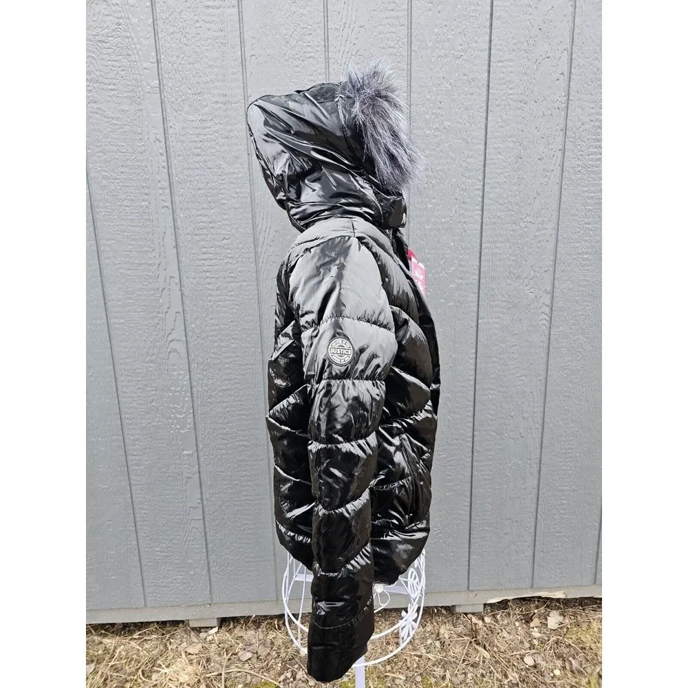 Justice Girls Black Puffer Jacket Hood Sherpa Lined Full‎ Zip Pockets Size S 7/8